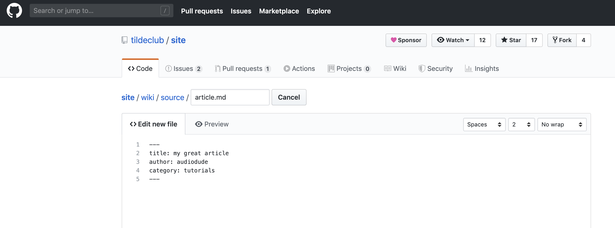 screenshot of article creation