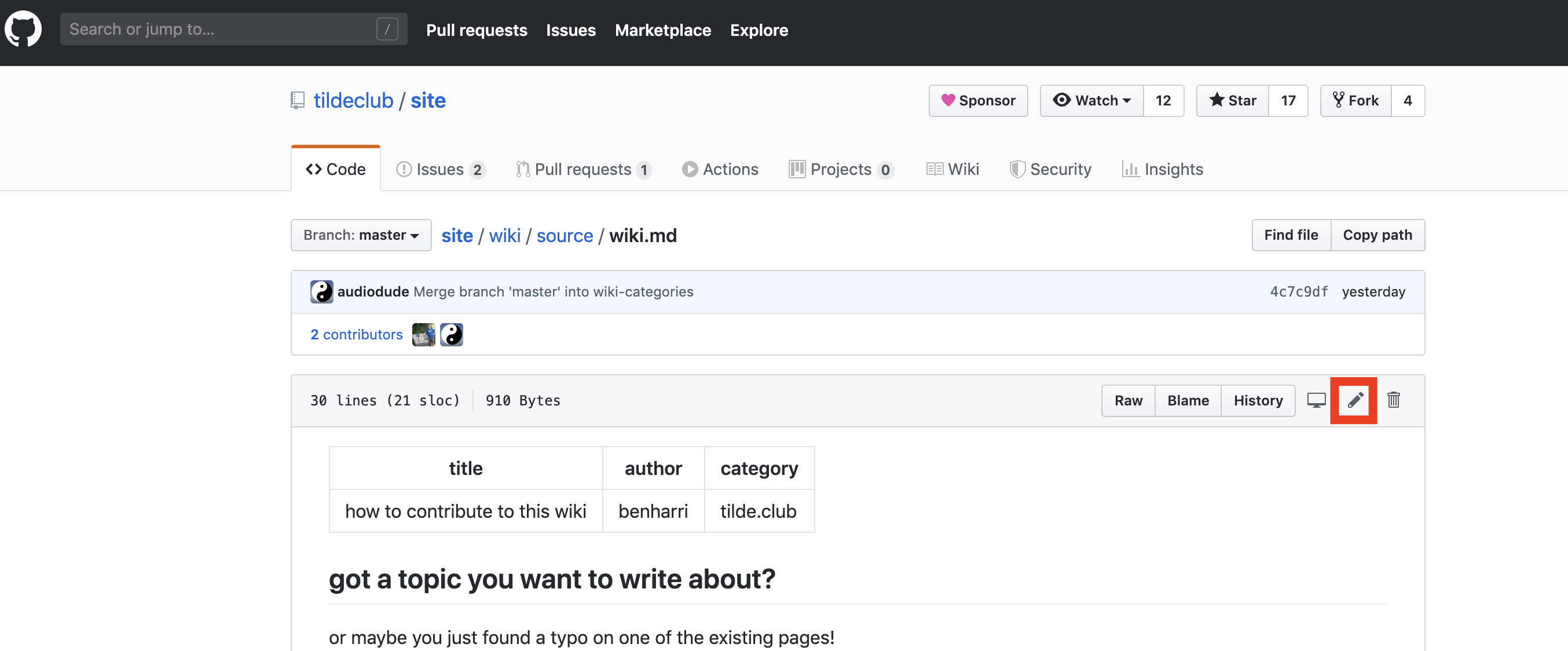 screenshot of github article edit button