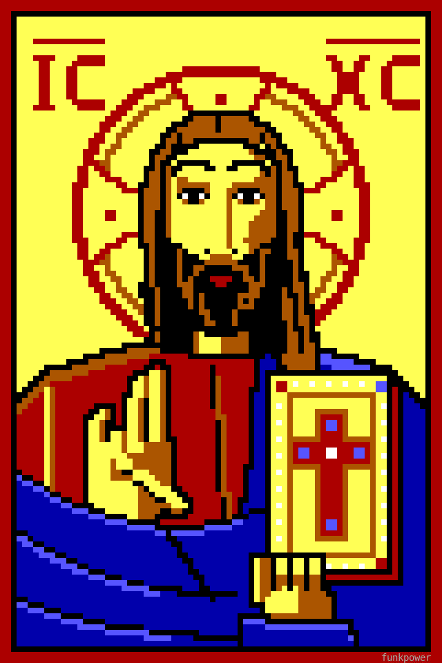 ANSI art icon of Christ Pantocrator: a gold field with IC XC above a haloed Christ in red and blue robes, blessing with his right hand and holding a jewelled Gospel book.