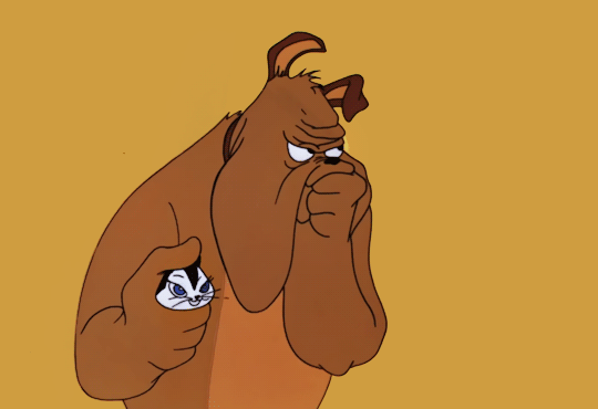 Cartoon dog holding kitten, petting, deep in thought